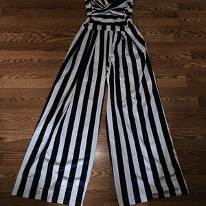 Black and White Striped Jumpsuit, Invisible Zipper Back, Off Shoulder, Vintage